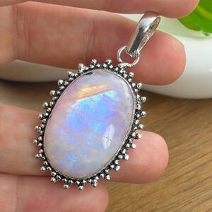 Tourmaline Rainbow Pink Moonstone Pendant Boho New Sterling Silver 925 Overlay